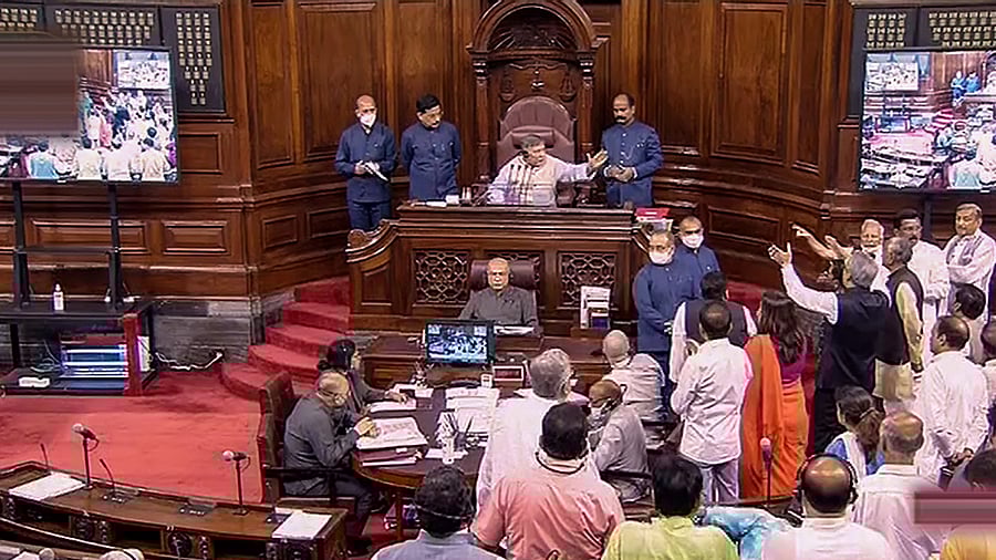 Opposition MPs protest in the Rajya Sabha on August 1, 2022. Credit: PTI Photo