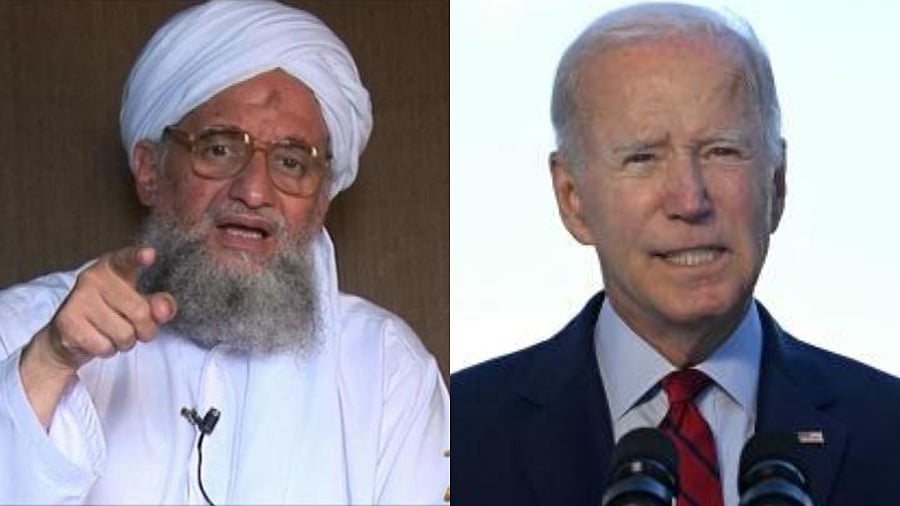 Al Qaeda leader Ayman al-Zawahiri and US President Joe Biden. Credit: AFP Photo 