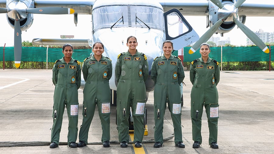 Five officers of Indian Navy's INAS 314 based at Naval Air Enclave, Porbandar, pose for photos after they completed the first all-women independent maritime reconnaissance and surveillance mission. Credit: PTI Photo