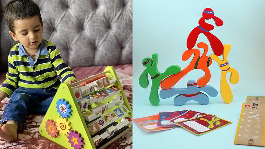The activity triangle by Shumee is popular among two-year-olds and older children. Ninjaki, a balancing toy, meant for older kids went through many iterations. Credit: DH Photo
