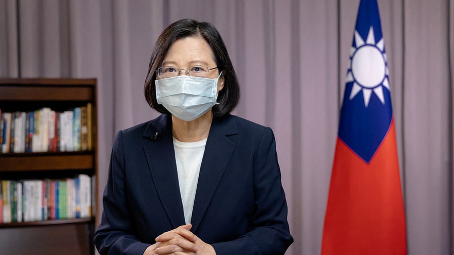 Taiwan President Tsai Ing-wen delivers recorded remarks on he live-fire military exercises China is conducting in areas around Taiwan, August 4, 2022. Credit: Reuters Photo