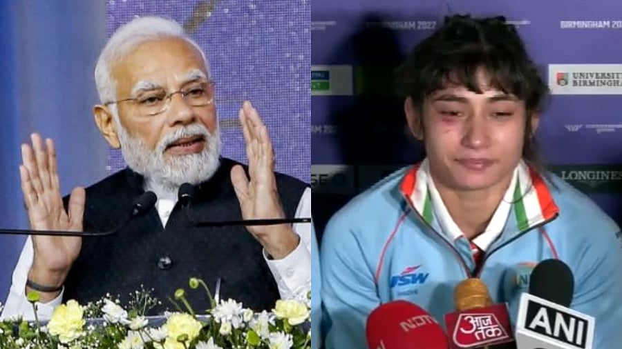 PM Narendra Modi and Indian wrestler Pooja Gehlot. Credit: PTI File Photo and Twitter/ @ANI