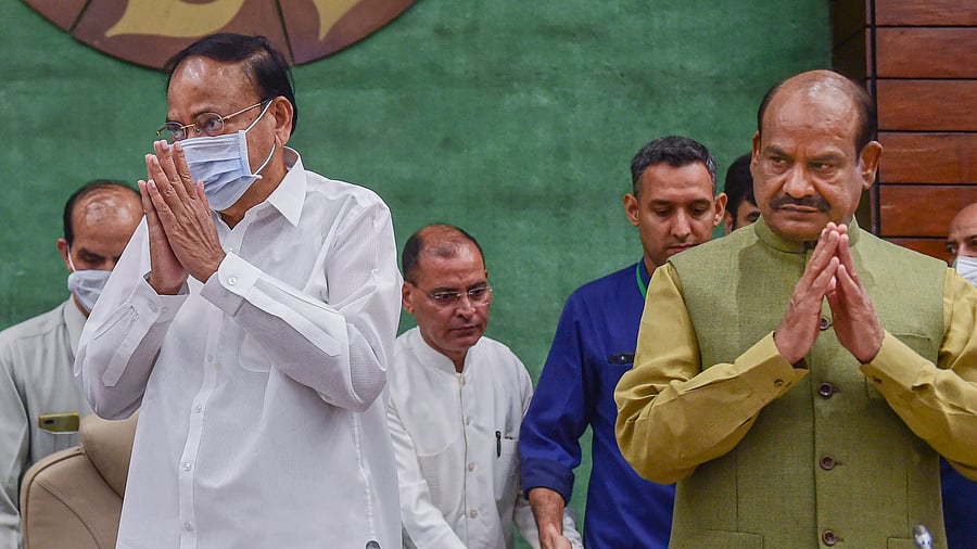 Outgoing Rajya Sabha Chairman M Venkaiah Naidu and Lok Sabha Speaker Om Birla. Credit: PTI Photo