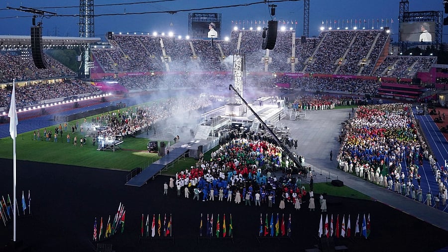 The competing nations gather during the Closing Ceremony for the Commonwealth Games at the Alexander Stadium in Birmingham, England, Monday Aug. 8, 2022. Credit:AP/ PTI Photo