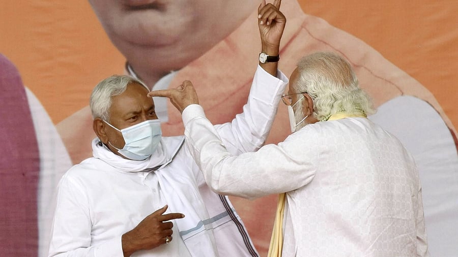  Prime Minister Narendra Modi with Bihar Chief Minister and Janta Dal-United President Nitish Kumar. Credit; PTI Photo