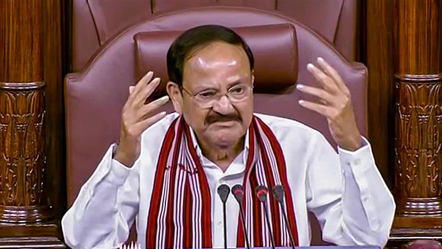Outgoing Rajya Sabha Chairman M Venkaiah Naidu during his farewell in the House. Credit: PTI Photo