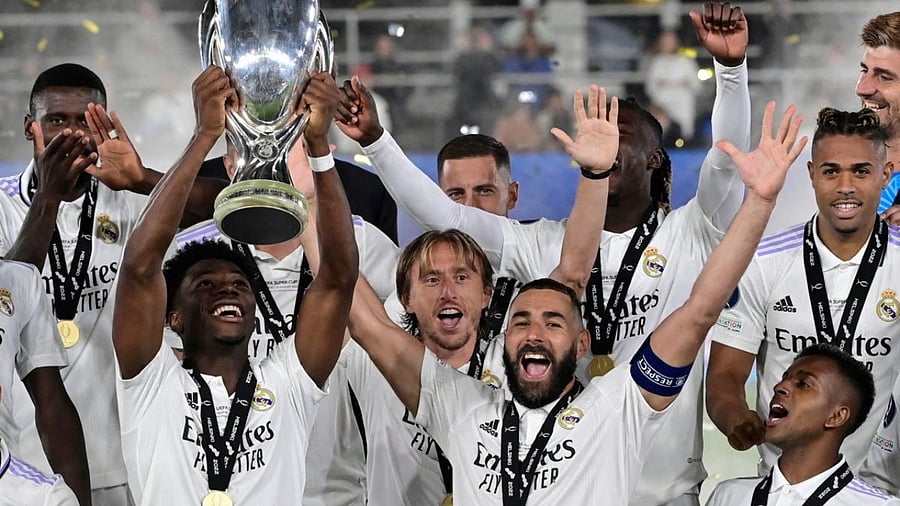 Real Madrid players celebrate after winning the UEFA Super Cup. Credit: AFP Photo