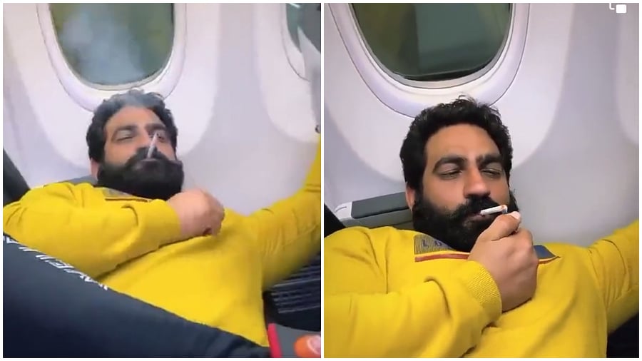 Bodybuilder Bobby Kataria smoking on a SpiceJet flight. Credit: Screengrab of Twitter video/@rishibagree