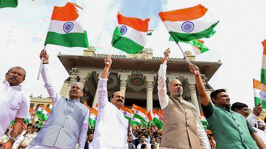 Governor Thaawarchand Gehlot, Chief Minister Basavaraj Bommai, External Affairs Minister S Jaishankar and Union Finance Minister Nirmala Sitharaman besides many ministers in Karnataka government and ruling party MLAs took part in the celebration that will go on till August 15. Credit: PTI Photo