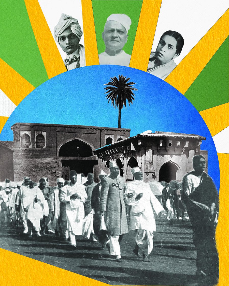 (Top, from left): Hardiker, Deshpande and Umabai. (Below): The leaders’ procession on the opening day of the Belgaum session. (Image composition: Siddharth Mohanty)