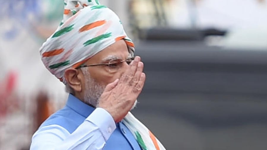 Prime Minister Narendra Modi during the 76th Independence Day function at the Red Fort, in New Delhi, Monday, Aug 15, 2022. Credit: PTI Photo