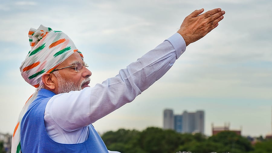 Prime Minister Narendra Modi addresses the nation from the ramparts of the Red Fort on the occasion of the 76th Independence Day. Credit: PTI Photo