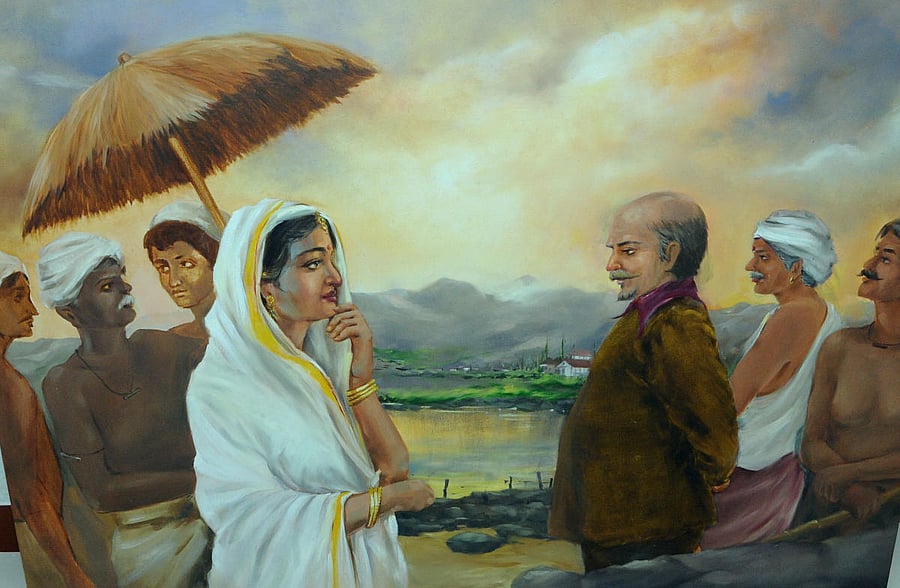 An undated painting shows Italian author Pietro Della Valle meeting Rani Abbakka at Manelu near Mangaluru, as per the instructions of Persian ruler Sha’ Abbas. Credit: Special Arrangement