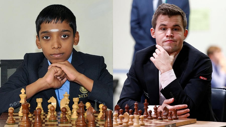Praggnanandhaa, Carlsen. Credit: PTI, Reuters
