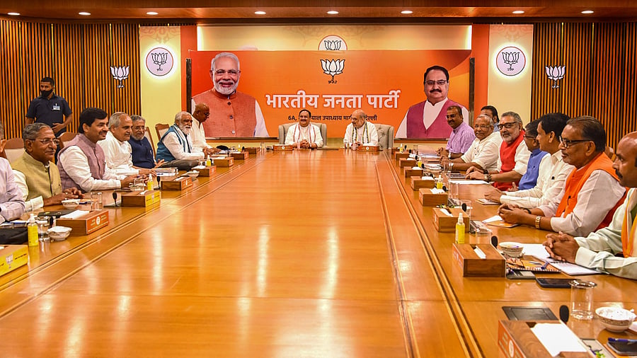 Union Home Minister Amit Shah and BJP National President J.P. Nadda with Bihar BJP leaders during Bihar BJP Core Committee meeting, at BJP headquarters in New Delhi. Credit: PTI Photo
