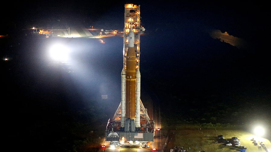 NASA's next-generation moon rocket, the Space Launch System (SLS) Artemis 1 rocket with its Orion crew capsule at the Kennedy Space Center in Cape Canaveral, Florida, August 16, 2022. Credit: Reuters Photo