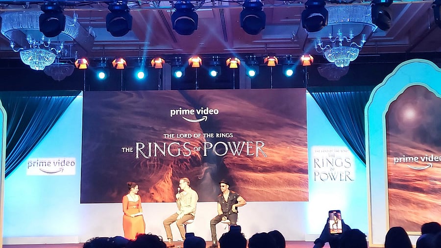Showrunner J D Payne (centre) speaks during a press conference of the Asia Pacific Premiere of 'The Lord of the Rings: The Rings of Power'. Credit: DH Photo/Varun HK