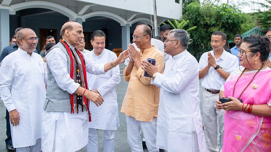 The defence minister was given a rousing welcome en route to the chief minister's private residence. Credit: Twitter/@NBirenSingh