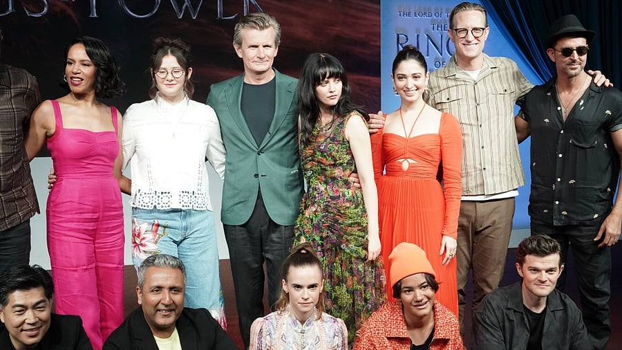Actors Hrithik Roshan and Tamannaah Bhatia with the star cast of The Lord of the Rings: The Rings of Power at the press conference in Mumbai. Credit: IANS Photo