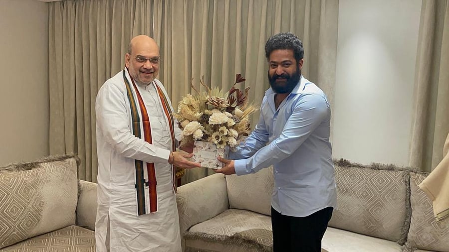Union Home Minister Amit Shah with Jr N T Rama Rao during a meeting in Hyderabad. Credit: Special arrangement