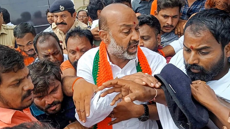 Telangana BJP President Bandi Sanjay Kumar being arrested by the police in Jangaon district. Credit: PTI Photo