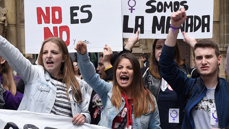 Demonstrators shout slogans in Pamplona during a protest against the acquittal of five men accused of gang raping an 18-year-old woman. Credit: AFP File Photo