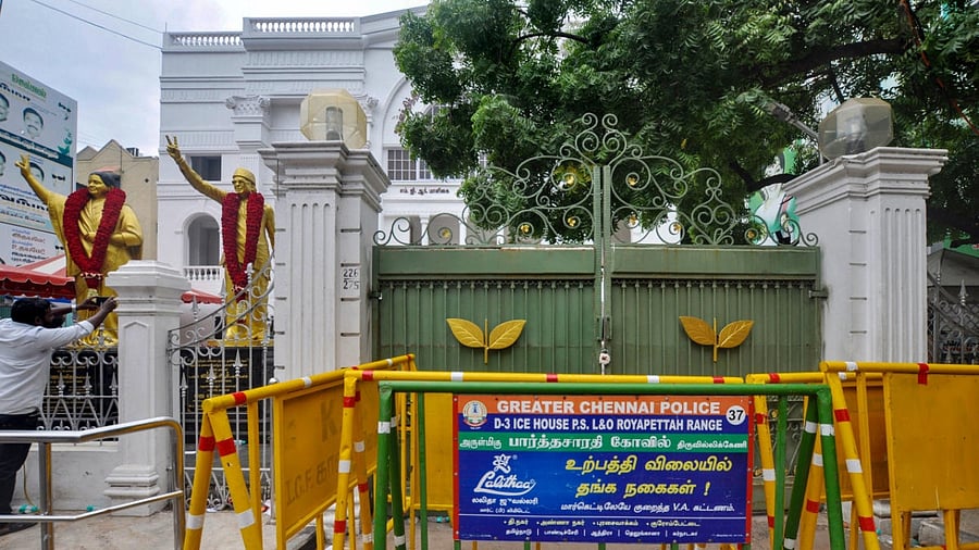 Sealed AIADMK office after two groups of suspected AIADMK workers clashed outside the party headquarters before the general council meeting in Chennai. Credit: PTI Photo