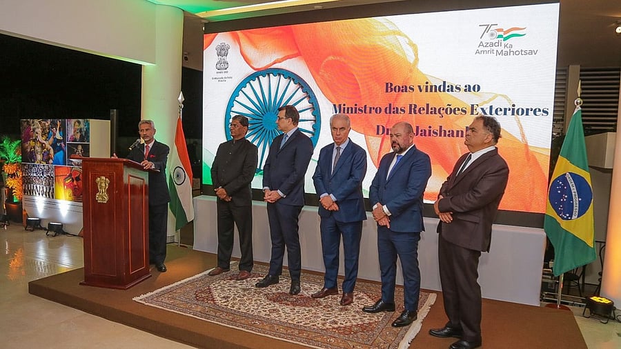 External Affairs Minister S Jaishankar with Brazil's Ministers of Foreign Affairs, Agriculture and Labour and Special Secretary for Stratgic Affairs. Credit: Twitter/ @DrSJaishankar