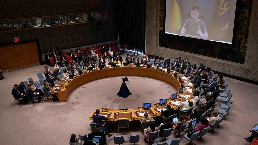 Ukrainian President Volodymyr Zelenskyy appears on screen as he addresses the UN Security Council Meeting on the maintenance of peace and security of Ukraine . Credit: AFP Photo