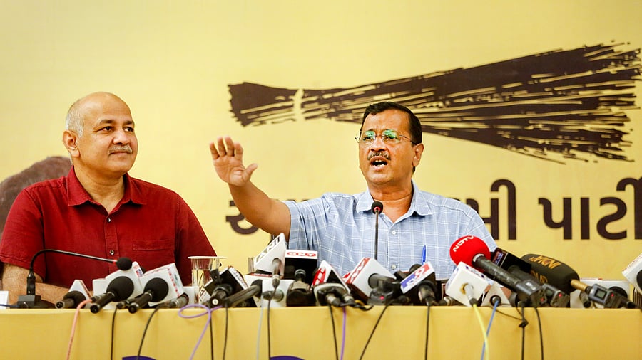 Manish Sisodia and Arvind Kejriwal at a press conference in Ahmedabad, August 22, 2022. Credit: PTI File Photo