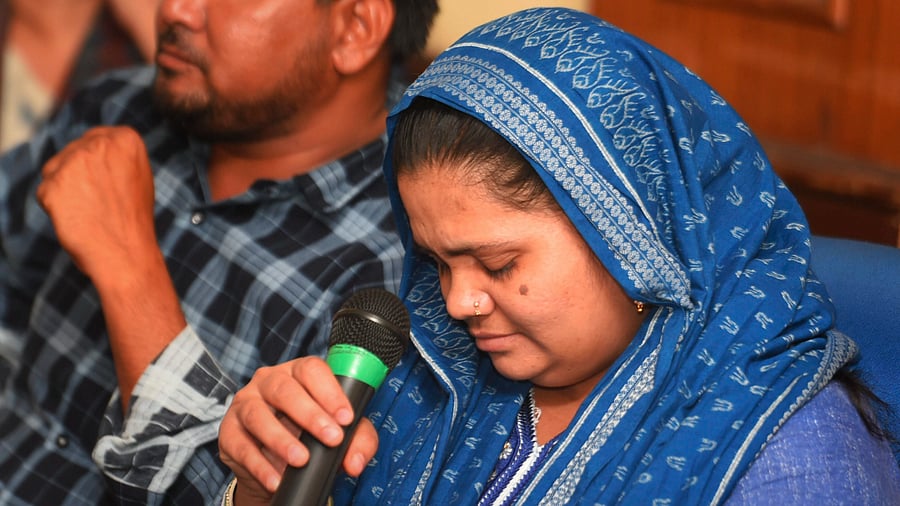 They said the remission should be rescinded, in view of the glaring deviations from established law. Pictured: Bilkis Bano during a press conference. Credit: PTI Photo