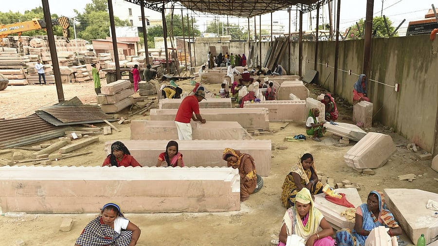 Ayodhya: Workers prepare stones for the construction of Shri Ram Janmbhoomi temple, at a workshop in Ayodhya. Credit: PTI Photo