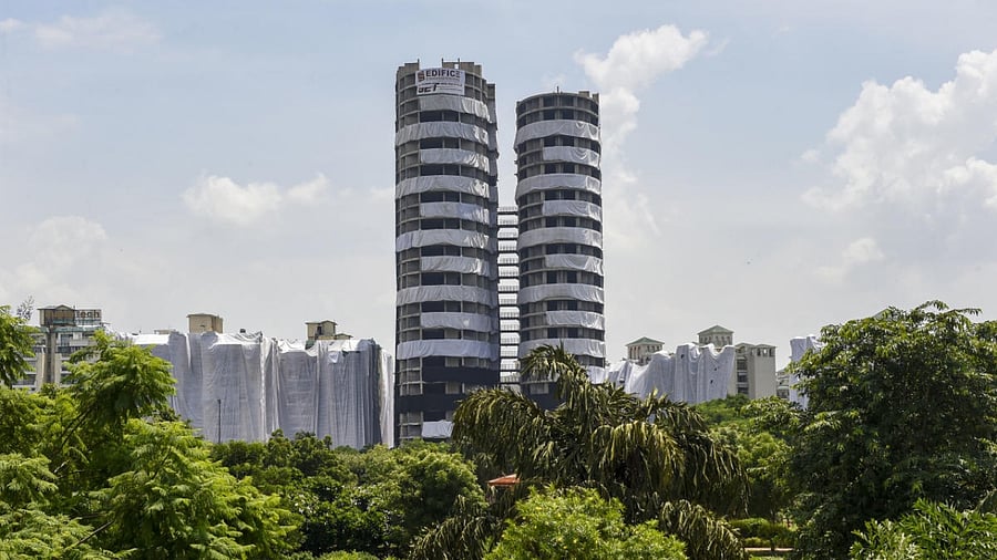 Supertech twin towers ahead of their demolition with explosives in compliance with a Supreme Court order, in Noida. Credit: PTI Photo