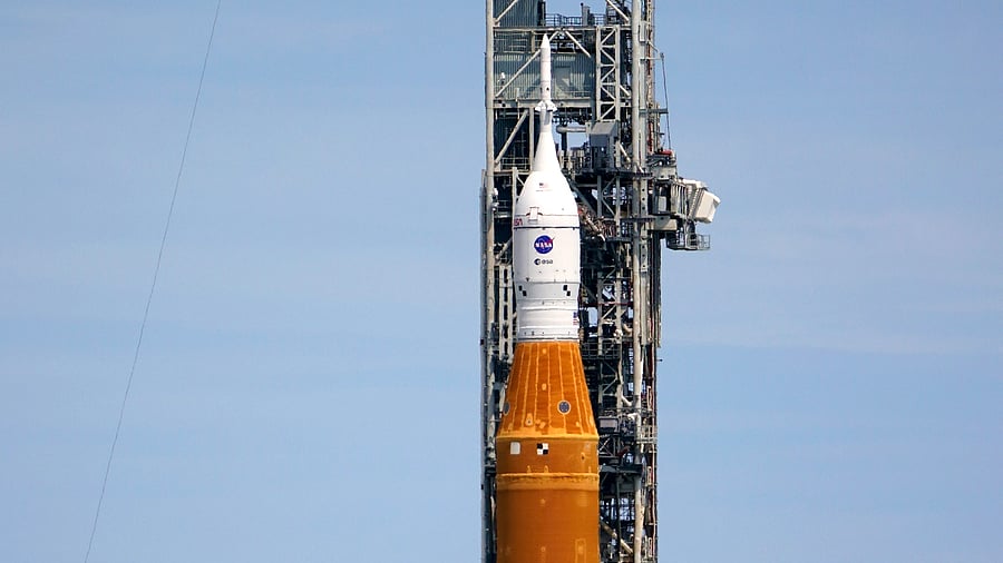 The NASA moon rocket stands on Pad 39B after yesterdays scrub for the Artemis 1 mission to orbit the Moon at the Kennedy Space Center, Tuesday, Aug. 30, 2022, in Cape Canaveral. Credit: AP/PTI Photo