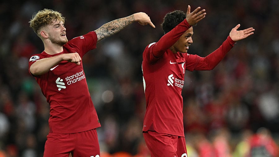 Liverpool's Harvey Elliott and Fabio Carvalho celebrate after the latter's last minute winner against Newcastle, August 31, 2022. Credit: AFP Photo