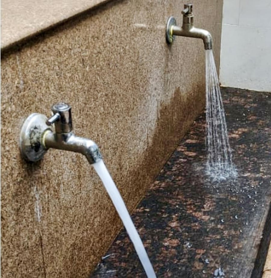 A water aerator can reduce water flow from 10 to 15 litres per minute to 4 to 6. The difference can be seen in these two taps at Shri Akhila Havyaka Mahasabha in Malleshwaram.