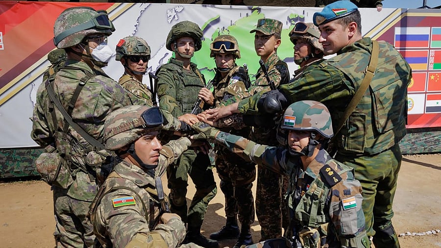 Opening ceremony of Vostok 2022 strategic command post exercise between India, Russia, China and several other countries in the Far East and the Sea of Japan. Credit: PTI Photo