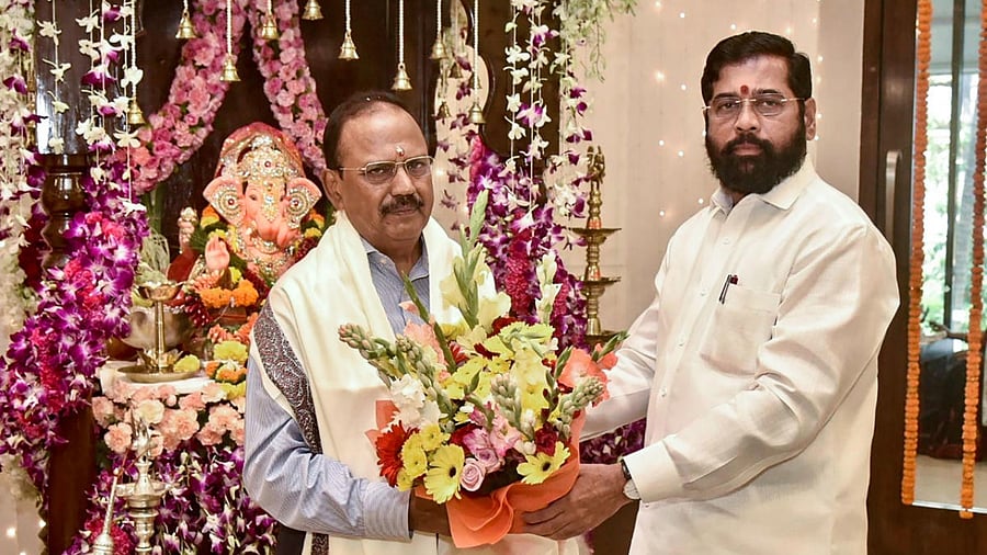 Maharashtra Chief Minister Eknath Shinde with National Security Advisor (NSA) Ajit Doval. Credit: PTI Photo