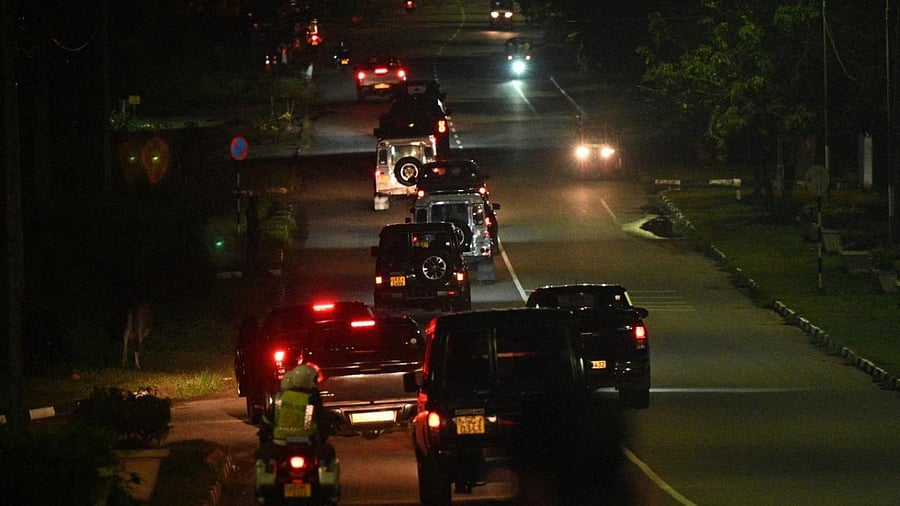 A convoy of vehicles said to be transporting former Sri Lankan President Gotabaya Rajapaksa convoy leaves Bandaranaike International Airport in Colombo. Credit: AFP Photo