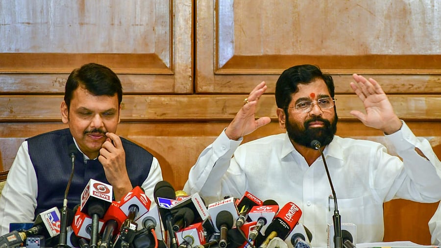 Maharashtra Chief Minister Eknath Shinde with Deputy Chief Minister Devendra Fadnavis. Credit: PTI Photo