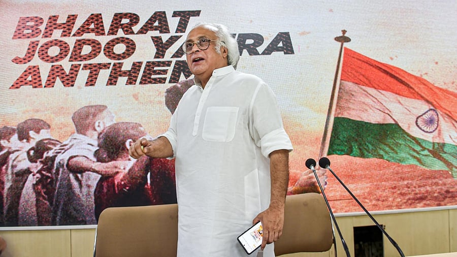 Congress leader Jairam Ramesh at a press conference during the launch of 'Bharat Jodo Yatra' anthem at AICC headquarters. Credit: PTI Photo