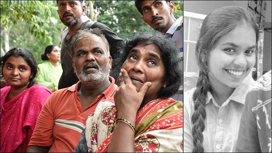 (L) Father Somashekar, mother Padma and sister Asha mourn the loss of Akhila (R), 23, who died in an electrocution in Siddapura on Monday night, during the funeral in Bengaluru on Tuesday. Credit: DH Photo/ B K Janardhan