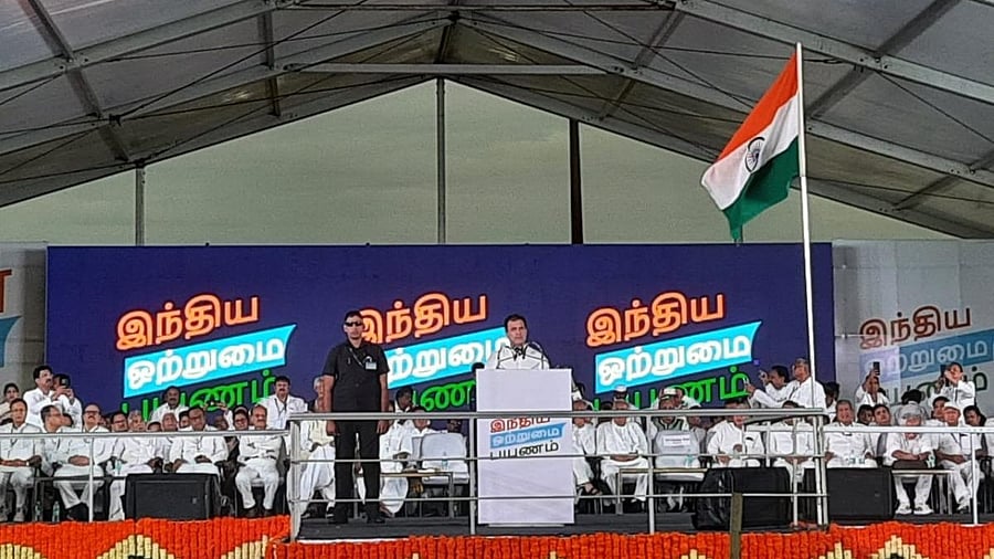 Congress leader Rahul Gandhi addresses during 'Bharat Jodo Yatra' in Kanyakumari. Credit: IANS Photo