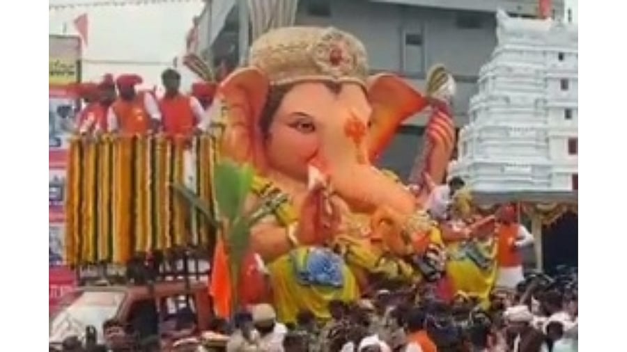 The 21-kg popular laddu was purchased by V Lakshma Reddy, a businessman and member of Balapur Ganesh Utsav Samiti. Credit: IANS Photo