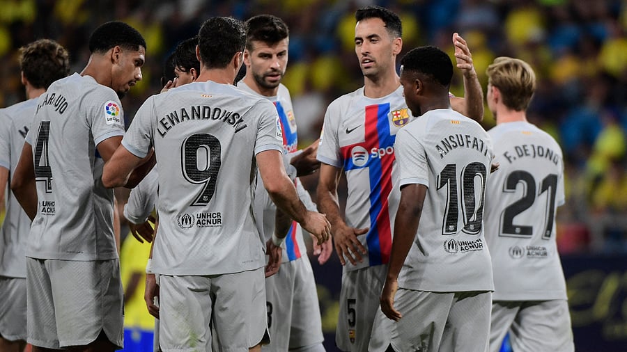 Barcelona's Ansu Fati celebrates scoring his team's third goal against Cadiz, September 10, 2022. Credit: AFP Photo