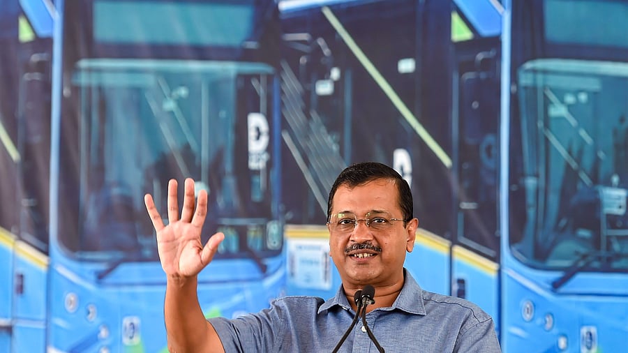 Delhi Chief Minister Arvind Kejriwal addresses during a ceremony to launch 97 electric buses, at Rajghat Bus Depot in New Delhi. Credit: PTI Photo