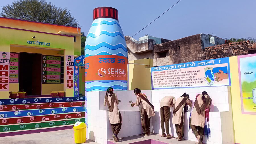 Government senior secondary school at Sahodi village in Alwar district. The facelift of the school building increased student enrolment which has nearly doubled in two years. Credit: PTI Photo