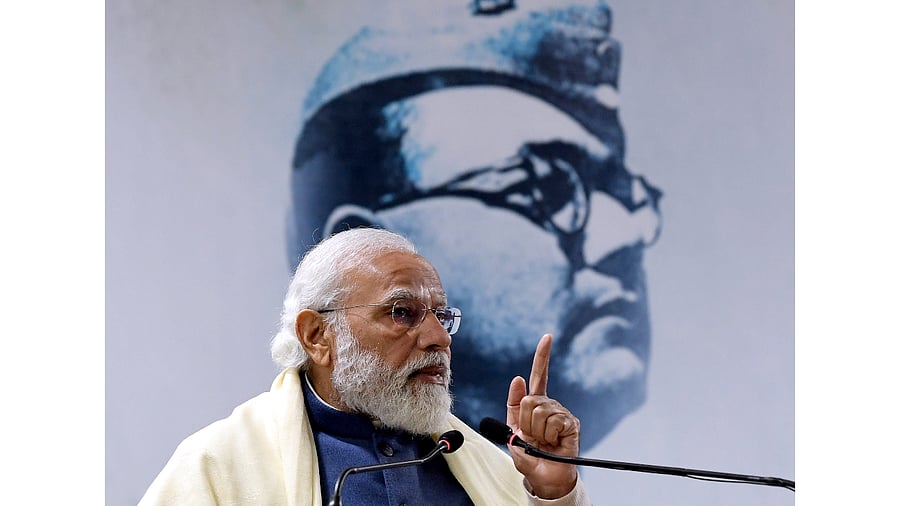 rime Minister Narendra Modi speaks during a programme to unveil a hologram statue of Netaji Subhas Chandra Bose. Credit: PTI Photo