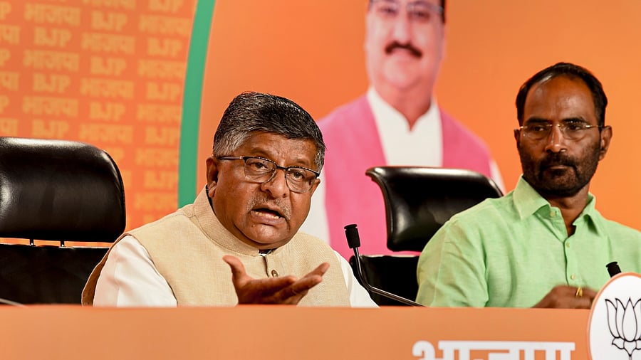BJP leader Ravi Shankar Prasad addresses a press conference. Credit: PTI Photo
