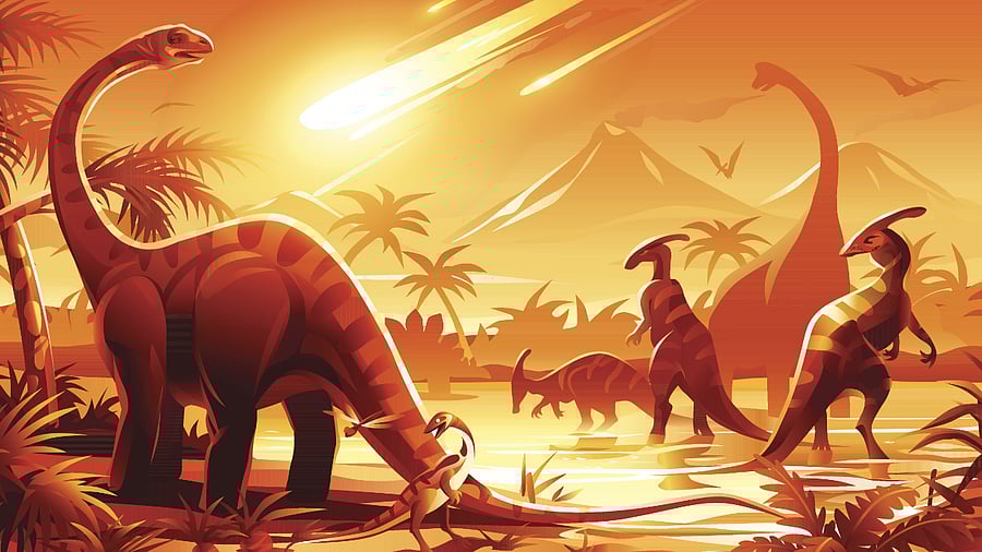 Detailed illustration of a prehistoric scene showing a meteor impact causing dinosaur extinction. Credit: iStock Images